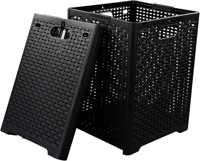 Begale 2-Pack 42 L Folding Plastic Laundry Baskets, Collapsible Laundry Hamper, Large Storage Basket, Black