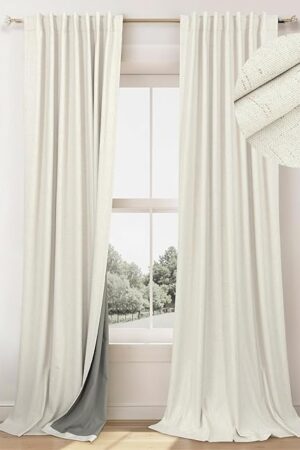 100% Blackout Curtains 84 Inch Length 2 Panels Set Neutral Boho Linen Farmhouse for Bedroom Windows Living Room Darkening Thermal Insulated Drapes Natural Cream Ivory 7ft Long Back Tab Pleated Pocket