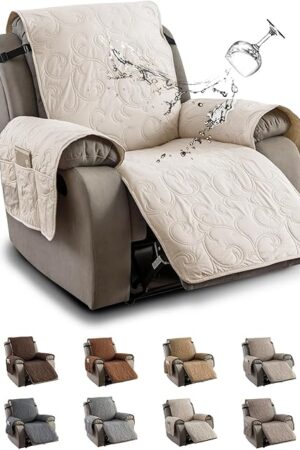 100% Waterproof Recliner Chair Cover, Recliner Chair Covers for Reclining Chair, Non-Slip Fabric Recliner Couch Cover for Living Room, for Pets Kids Protector, Washable (Beige, 23.6"Recliner Chair)