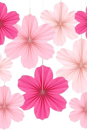 9 Pcs Pink Party Paper Flowers Decorations Hot Pink Paper Fans Hanging Ornaments Paper Floral Backdrop Decor Wedding Birthday Party Valentine's Day Engagement Baby Showers Decoration
