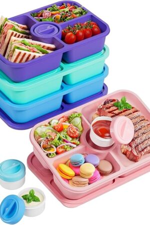 4 Pcs Bento Snack Box Containers, 4 Compartment Divided Stackable Food Storage Containers with Lids, Meal Prep Lunch Container with 4 Sauce Cups