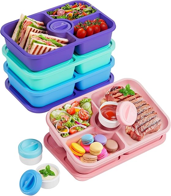 4 Pcs Bento Snack Box Containers, 4 Compartment Divided Stackable Food Storage Containers with Lids, Meal Prep Lunch Container with 4 Sauce Cups