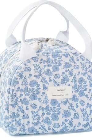 Cute lunch bag，Lunch Box for Women，floral lunch box,large Reusable Insulated Large Capacity Cooler Bag for Adult，blue Aesthetic flower Corduroy Lunch Tote for Work Office, Picnic or Travel