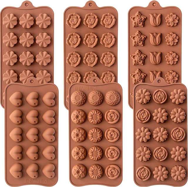 6 Pack Flower Shape Chocolate Candy Molds Silicone, Food-Grade Non-Stick Jello Mold, Crayon Mold, Silicone Baking Mold, BPA Free, including Flower, Heart, Tulip, Rose