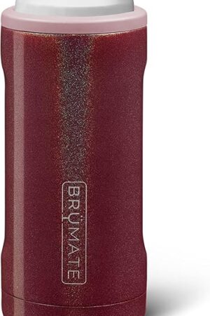 BrüMate Hopsulator Slim Can Cooler Insulated for 12oz Slim Cans | Skinny Can Insulated Stainless Steel Drink Holder for Hard Seltzer, Beer, Soda, and Energy Drinks (Glitter Merlot)