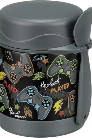 10oz Soup Thermo for Hot Food Kids Insulated Food Jar,Thermo Hot Food Lunch Container, Width Mouth Stainless Steel Lunch Box for Kids with Spoon (Black-Gamepad)