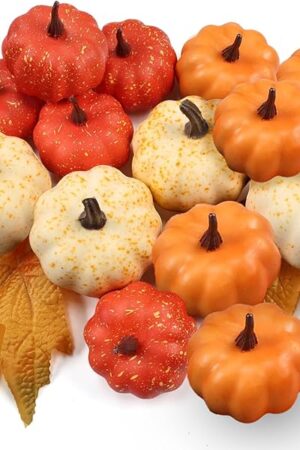 16PCS Artificial Mini Fake Pumpkins Set，Foam Plastic Pumpkins with Fall Leaves，Carvable DIY Small White Craft Pumpkins Decor for Thanksgiving Halloween Home Fall Porch Table Decor
