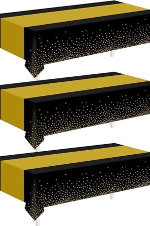 Childom 3 Pack Black and Gold Tablecloths for Events,54"x108" Plastic Table Cloths for Rectangle Tables,Disposable Party Table Covers for New Years Eve Decorations 2026,Holiday Birthday Wedding Dining