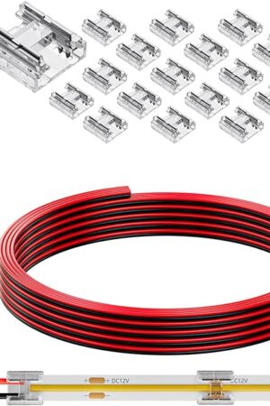 20 Pack COB 0.31in(8mm) 2 pin Transparent Connector, 6.6FT(200cm) Long 20AWG Extension Wires for Non-Wired Gapless Solderless