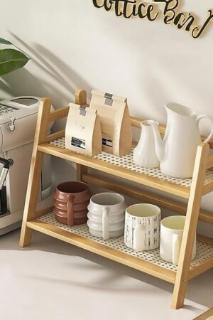 Wicker-Look Coffee Station Organizer, Bamboo Mug Holder Countertop, Kitchen Counter Shelf for Tea Coffee Bar Accessories, Matcha Stand, Cup Display, Condiment Storage Rack, 2 Tier