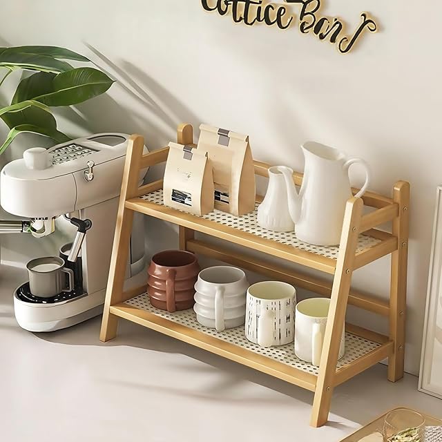 Wicker-Look Coffee Station Organizer, Bamboo Mug Holder Countertop, Kitchen Counter Shelf for Tea Coffee Bar Accessories, Matcha Stand, Cup Display, Condiment Storage Rack, 2 Tier