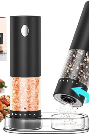 CIRCLE JOY Electric Salt and Pepper Grinder Set Rechargeable Salt and Pepper Mills with 6-Level External Adjustable Coarseness, White LED Light and Storage Base, Black