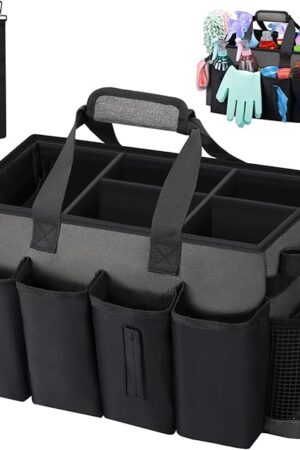 Wearable Large Cleaning Caddy Bag for Housekeeper, Clean Supply Organizer with Adjustable Shoulder, Waist & Handle Straps, Detailing Bag for Kitchen Supplies (Black&Gray)