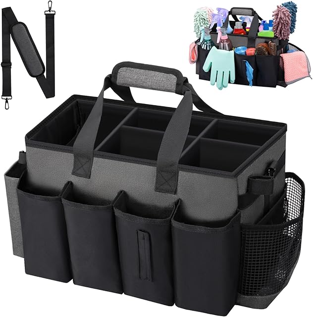 Wearable Large Cleaning Caddy Bag for Housekeeper, Clean Supply Organizer with Adjustable Shoulder, Waist & Handle Straps, Detailing Bag for Kitchen Supplies (Black&Gray)