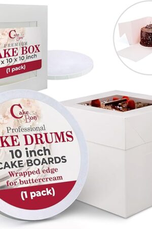 Cakebon Cake Boxes with Boards - 10 Inch Round Cake Drum White (1-pack) - Box With Window for Birthdays, Weddings and Parties