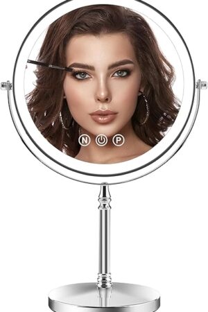 9" Large Lighted Makeup Mirror, 1X/10X Magnifying Makeup Mirror with 3 Colors Dimmable Lightning, 80 LED Lights, 360ยฐRotation Double Sided Standing Vanity Mirror
