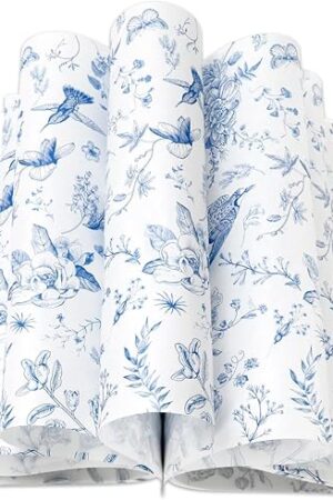 150Pcs Blue Floral Wax Paper Chinoiserie Bird Flower Deli Wrap Sandwich Wrap Tissue Waterproof Oil-Proof Picnic Liners for Party Kitchen Supplies, 9.8 x 8.3 Inch
