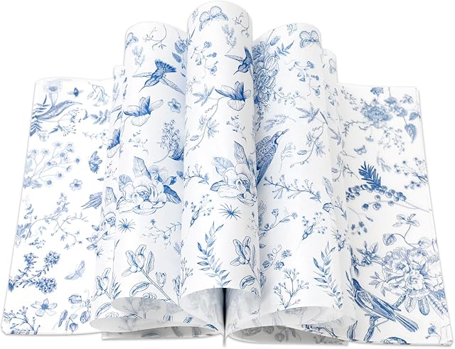 150Pcs Blue Floral Wax Paper Chinoiserie Bird Flower Deli Wrap Sandwich Wrap Tissue Waterproof Oil-Proof Picnic Liners for Party Kitchen Supplies, 9.8 x 8.3 Inch