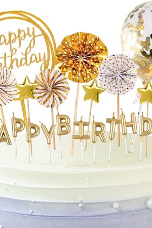 BEAN LIEVE Birthday Candles Set - Cake Topper Decoration with Cake Candles Confetti Balloon Stars and Fan Cupcake Toppers 12 Pieces Birthday Cake Decor for Birthday Party Celebration (Gold)