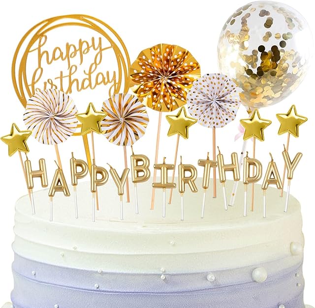 BEAN LIEVE Birthday Candles Set - Cake Topper Decoration with Cake Candles Confetti Balloon Stars and Fan Cupcake Toppers 12 Pieces Birthday Cake Decor for Birthday Party Celebration (Gold)
