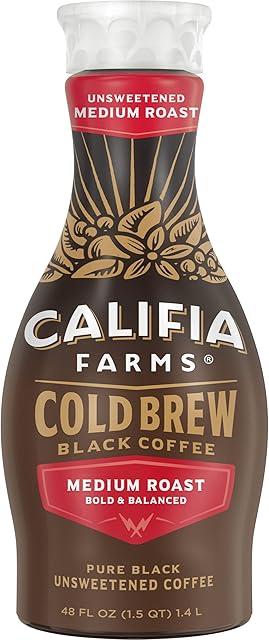 Califia Farms - Pure Black Medium Roast Cold Brew Coffee, 48 Oz, 100% Arabica, Plant Based, Vegan, Gluten Free, Non GMO, Sugar Free, Iced Coffee