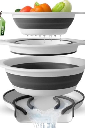Collapsible Colanders (3 Pack Set) Food Strainers with Over-Sink Water Draining Base for Pasta Fruits and Vegetables, White (3 Sizes, 3QT, 4QT and 5 Quart)