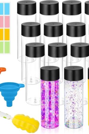 16 Pcs Clear Plastic Bottles 12 Oz Empty Sensory Bottles with Caps | for Sensory Bottles | Reusable Juice Bottle | Black Lid | Drink Container | Water Bottle | 12 oz/ 350 ml