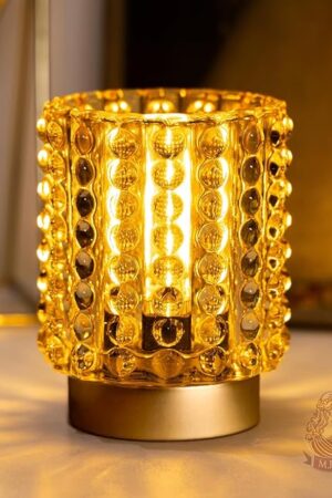 Battery Operated Lamp with Timer, Mini Crystal Table Lamps for Home Decor, Small Cordless Lamp for Areas No Outlets, Glass Battery Powered Lamps for Entryway, Bedroom, Bathroom, Shelf, Corner(Yellow)