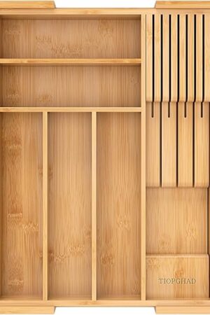 Bamboo-Silverware-Drawer-Organizer-Kitchen, Expandable Utensil Holder Cutlery Tray Flatware Organization Adjustable Wood Tableware Dividers Storage (with Removable Knife Block)(Natural)
