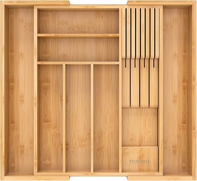Bamboo-Silverware-Drawer-Organizer-Kitchen, Expandable Utensil Holder Cutlery Tray Flatware Organization Adjustable Wood Tableware Dividers Storage (with Removable Knife Block)(Natural)