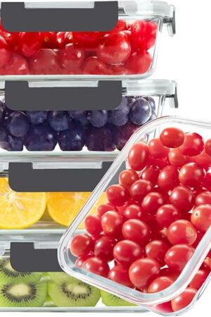 BAYZZ Glass Food Storage Containers, 5 Pack 35 Oz Glass Meal Prep Containers, Lunch Boxes with Airtight BPA-Free Lids, Microwave, Freezer and Dishwasher Safe