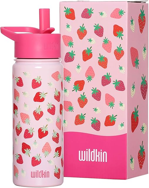 Wildkin Stainless Steel Water Bottle 18oz, Strawberry Patch