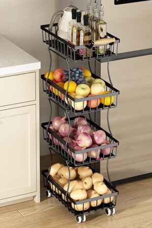 Wisdom Star 4 Tier Fruit Vegetable Basket for Kitchen, Storage Cart, Vegetable Basket Bins, Wire Storage Organizer Utility Cart with Wheels, Medium, Black