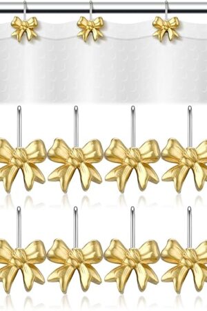 12 Pcs Gold Bow Knot Shower Curtain Hooks Rustproof Metal Decorative Shower Hangers Bulk Glide Shower Curtain Rings for Bathroom Bedroom Living Room Art Decor (Classic)