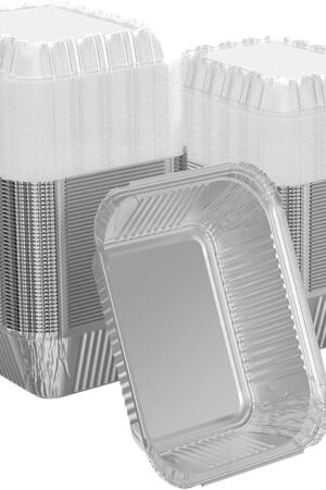 100 Pack 1 lb Rectangular Disposable Aluminum Foil Pan 16 oz Take Out Food Containers with Clear Plastic Dome Lids, for Catering, Baking, Roasting Food