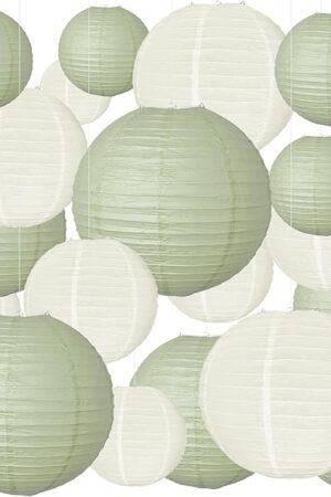 20 PCS Paper Lanterns,Sage Green and Ivory Lanterns for Weddings, Birthday Parties, Home Decoration, Easter, Graduation Ceremonies