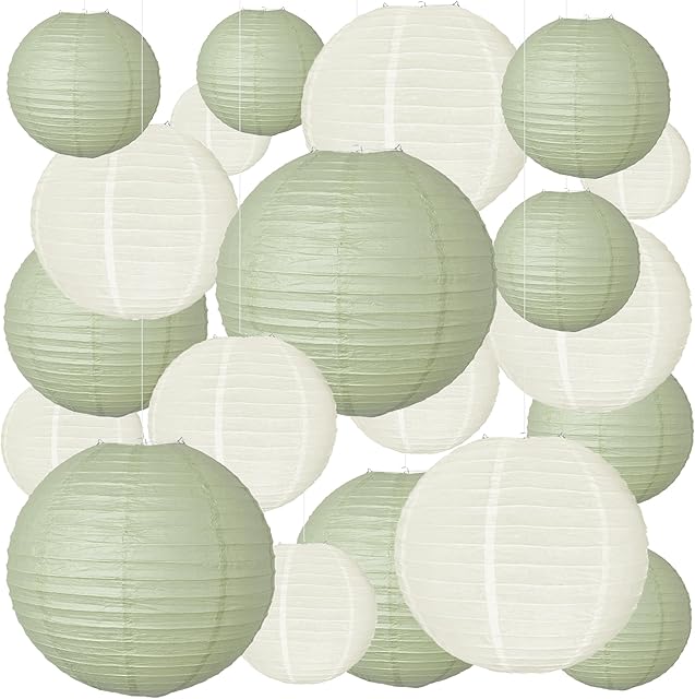 20 PCS Paper Lanterns,Sage Green and Ivory Lanterns for Weddings, Birthday Parties, Home Decoration, Easter, Graduation Ceremonies