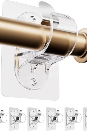 ANDGOO 6 Pack No Drill Curtain Rod Brackets, Renter Friendly Adhesive Curtain Rod Holders, Heavy Duty Stick on Curtain Rod Hooks No Drilling for Apartment Bedroom Bathroom Dorm Kitchen (Transparent)