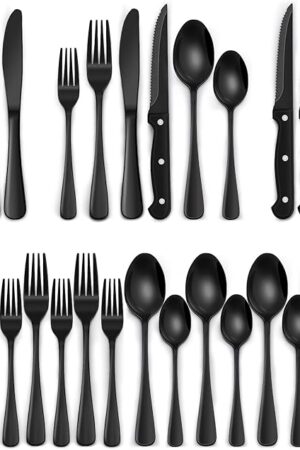24-Piece Black Silverware Set with Steak Knives, Black Flatware Set for 4, Food-Grade Stainless Steel Tableware Cutlery Set, Mirror Finished Utensil Sets for Home Restaurant