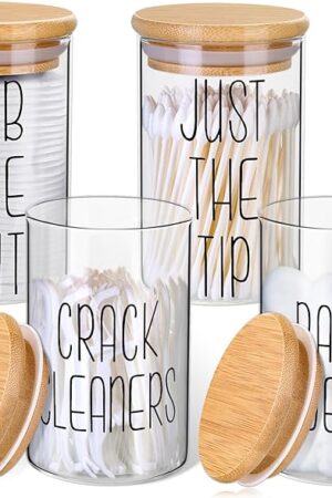 4 Pack Qtip Holder Glass Dispenser with Bamboo Lids for Bathroom Organization, Apothecary Jars for Cotton Ball Holder and Bathroom Canister Storage Great for Cotton Swabs, Balls, Floss, Bathroom Décor