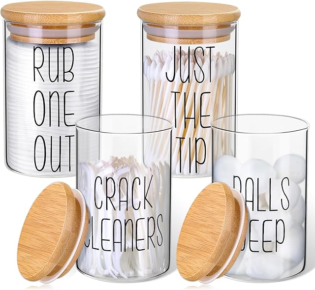 4 Pack Qtip Holder Glass Dispenser with Bamboo Lids for Bathroom Organization, Apothecary Jars for Cotton Ball Holder and Bathroom Canister Storage Great for Cotton Swabs, Balls, Floss, Bathroom Décor