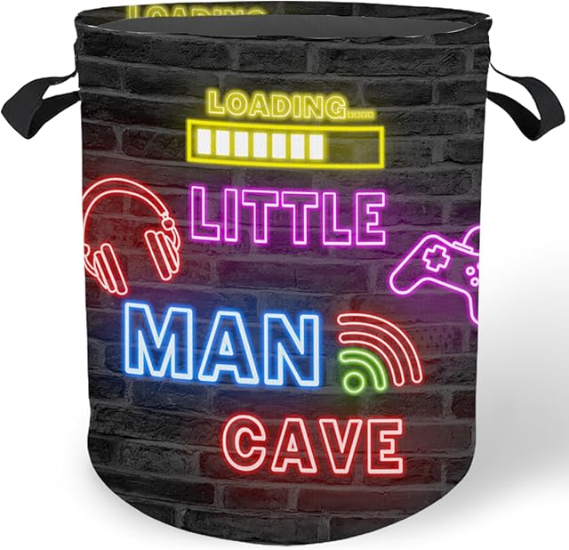 Boy Kids Laundry Basket Hamper, Toybox for Boys, Little Man Cave Video Game Waterproof Collapsible Storage Bin Organizer for Bedroom Bathroom Boys Room Dorm Clothes Toys Books