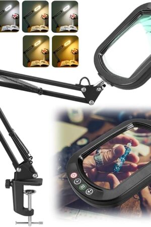 10X Rectangle Magnifying Glass with Light, 5 Color Modes Stepless Dimmable Magnifier with Stand, LED Lighted Clamp Desk Lamp with Swing Arm, Hands Free for Reading Painting Crafts Close Work