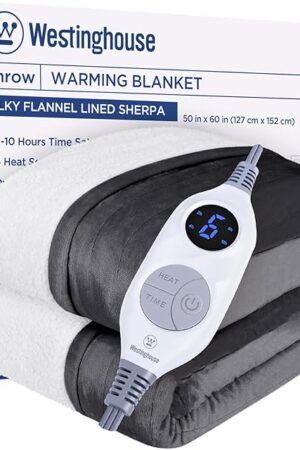 Westinghouse Heated Throw Blanket, Soft Flannel to Sherpa Electric Throw with 6 Heating Levels, 2-10 Hours Time Settings, Fast Heating, Machine Washable 50x60 Inch, Charcoal