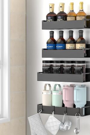 4 Pack Magnetic Spice Rack Organizer for Refrigerator and Oven, Black Fridge Organizers and Storage for Kitchen