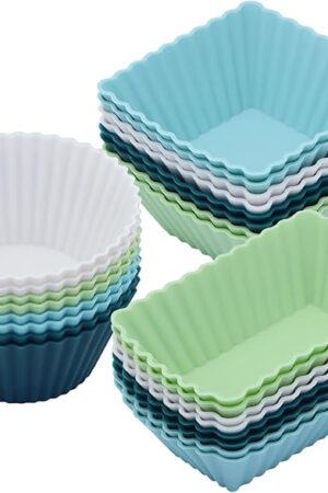 24Pack Silicone Muffin Cups, Reusable Cupcake Liners Molds for Baking, 3 Shapes Lunch Box Bento Dividers-Round, Square, and Rectangular (Neutral Colors, Regular Size)