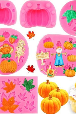 6Pcs 3D Pumpkin Mold Fall Maple Leaf Silicone Mold Mini Pumpkin Scarecrow Shape Chocolate Mold Halloween Thanksgiving Cake Molds Fondant Candy Mold for Cupcake Toppers Resin Candle Soap Baking Molds