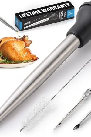 Zulay Kitchen Stainless Steel Turkey Baster for Cooking - Food Grade Metal Baster Syringe & Silicone Suction Bulb - Large Size With 2 Detachable Needles and Cleaning Brush
