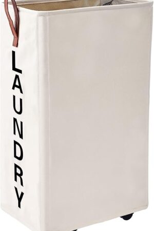 70L Large Rolling Laundry Hamper - Tall Narrow Basket With Wheels, Slim Clothes Bin, 27.5" Beige