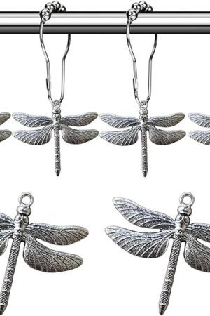 Dragonfly Bathroom Shower Curtain Hooks - Rust Proof Shower Curain Rings,Decorative Bathroom Accessories Set, Natural Forest Garden Country Farm Theme Bathroom Decor, 12PCS